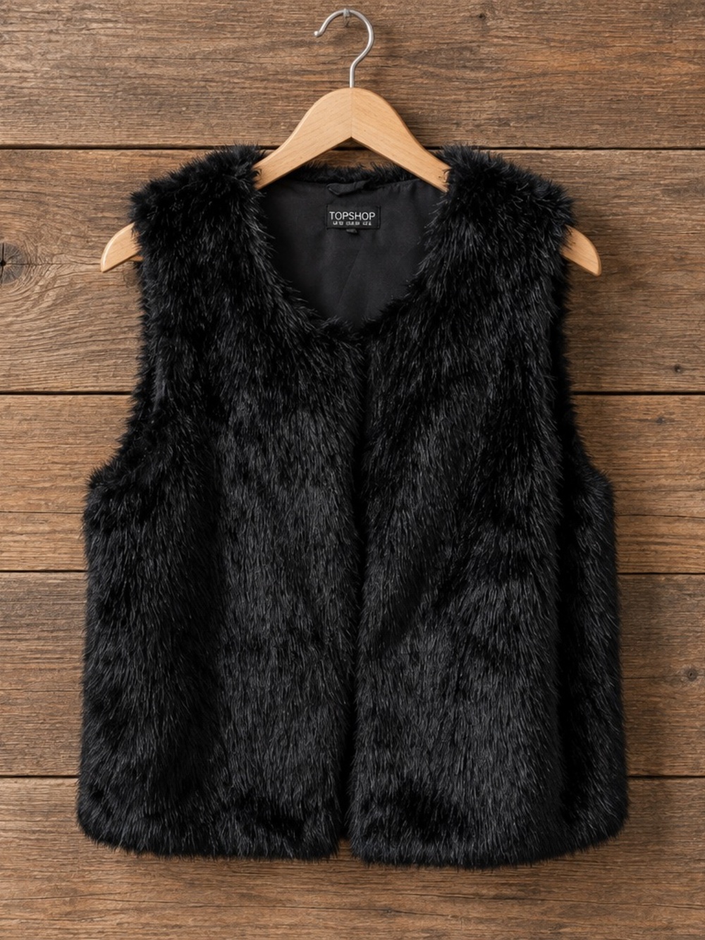 Topshop Black Faux Fur Sleeveless Vest - Plush Open Front